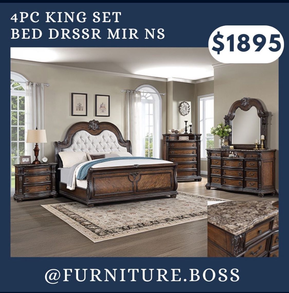 King Size Bed + Dresser + Mirror + Nightstand