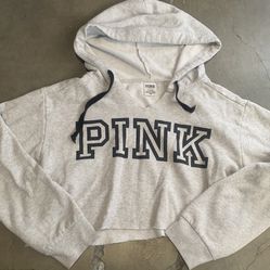 Victoria’s Secret PINK Grey Black Hooded Cut-Off Cropped Pullover Sweatshirt