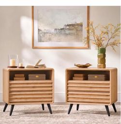 RedLemon 24" Fluted Nightstand Set of 2 with Charge Station, Natural Oak Modern End Table, 2 Storage Drawers, Open Shelf, Bedroom, Living Room, Wood B