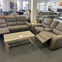 Power reclining sofa and loveseat set in performance fabric