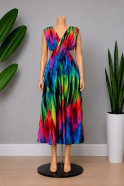 Multicolor V-Neck Maxi Dress Small