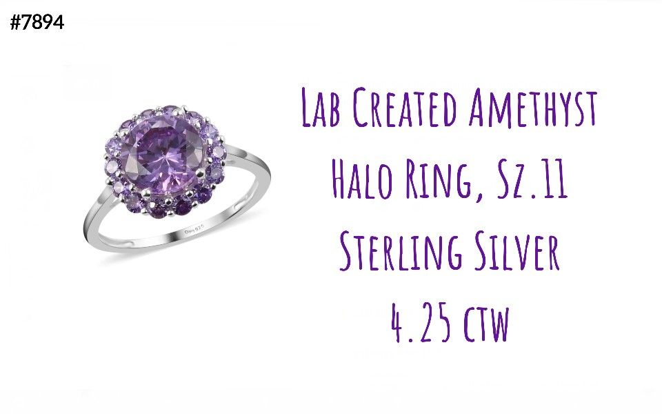 Simulated Amethyst Halo Ring, Sterling Silver, Sz.11
