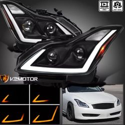 Fits Black 2008-2015 Infiniti G37 Q60 Coupe Projector Headlights LED Switchback