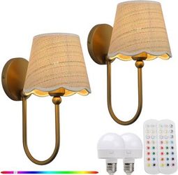 Battery Operated Rattan Wall Sconces Set of 2 Remote Control,Rechargeable Light Bulbs Included