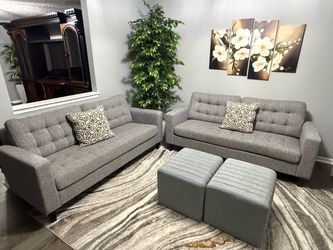 Gray Tufted Sofa and Loveseat Set with Ottomans