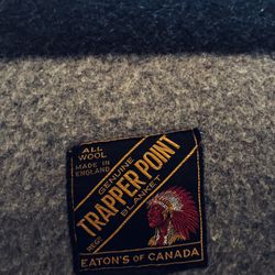 Trapper Point Genuine All Wool Blanket.Made In England.Eaton’s of Canada.Grey w/Black Stripe.66”X82”.
