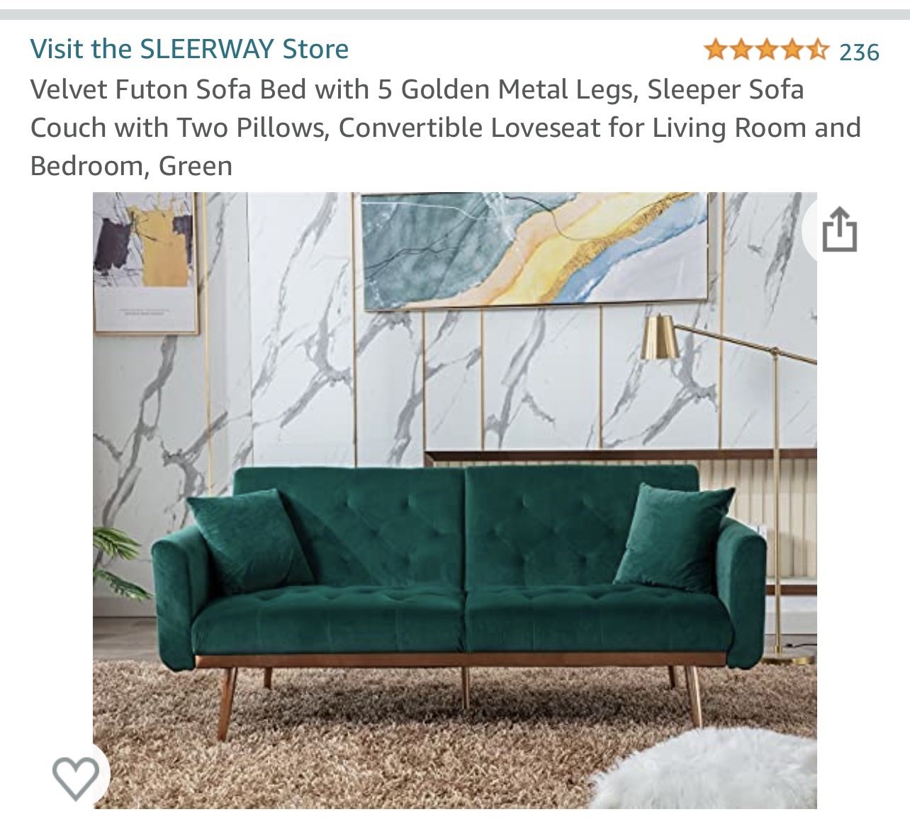 Green Velvet Futon Love Seat