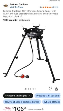 Eastman Outdoors 90411 Portable Kahuna Burner with XL Pot and Wok Brackets with Adjustable and Removable Legs, Black,
