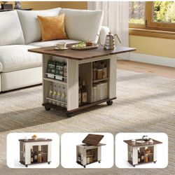 Brand New LINSY Farmhouse Coffee Table with Wheels, Rolling Wood End Table, Rotating Foldable Top, Narrow Nightstand with Glass Door and Open Rack, Si