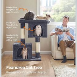 Cat Tree, 40.6-Inch Tall Cat Tower, Cute Plush Condo, Smoky Gray for Adult Cats up to 44 lb, with 2 Sisal Scratching Posts, Large Perch, 2 Spacious Ca