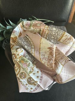 CARLISLE 100% Silk Pink & Brown Blended Hand-Fan Motif Twill Technique 33" Scarf-ITALY 1990s