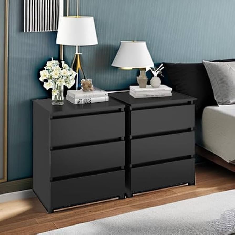 Nightstand Set of 2 Black Nightstand with 3 Drawers, Black Bedside Table Night Stand for Bedroom with Cut-Out Handle, Sofa Side Table 3 Drawer Nightst