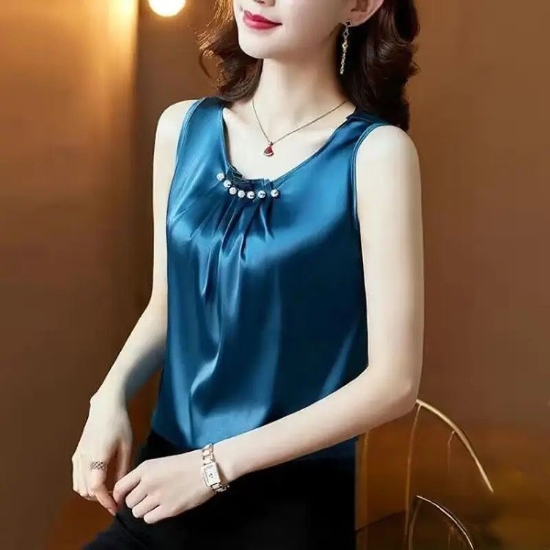 Women Satin Blouses Elegant Long Sleeve Silk Tops Pearl Stand Collar Female Office Shirts Solid Casual blouse navy blue Size: L (52-56kg) Multiple of