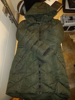 Women's Guess Long Green Puffer Coat Large L Black