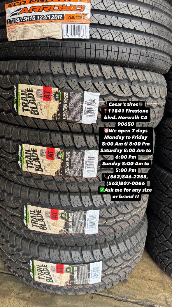 LT265/75R16 ATURO AT A SET OF FOUR NEW TIRES INCLUDES MOUNTING AND BALANCING WITH WARRANTY ASK ME FOR ANY SIZE OR BRAND WE HAVE THE BEST PRICES!!