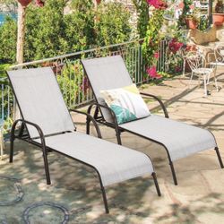 2PCS Patio Lounge Chair Chaise Adjustable Reclining Armrest Gray
