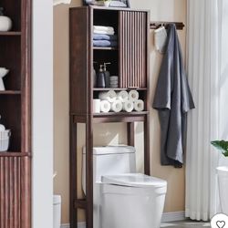 Bathroom Storage Cabinet with Sliding Door, Modern Bathroom Storage Organizer Toilet Rack with Adjustable Shelf 