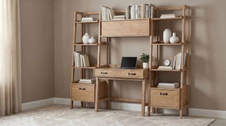 Fabian 4-Piece Computer Desk & Bookshelf Set, Home Office Wall Unit – Light Brown