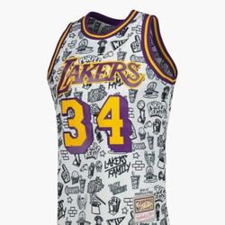 1996-97 Shaquille O'Neal Lakers Mens Mitchell & Ness Swingman Doodle Jersey $155