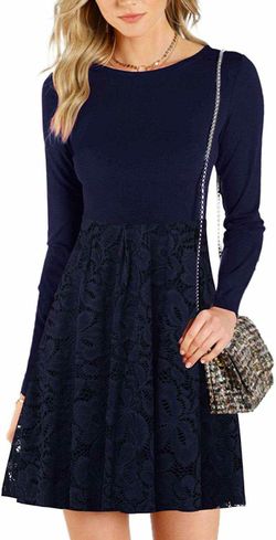 Women Long Sleeve Lace Dress Round Neck Vintage Cocktail Party Wedding Dresses Size L/10