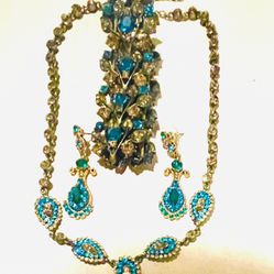 Beautiful Vintage Turquoise And Copper Jeweled Bracelet, Necklace, Earrings