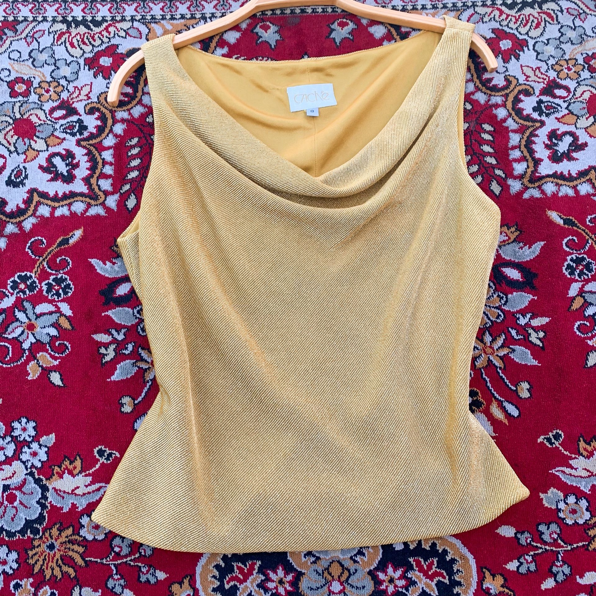 Caché Gold Shimmer Cowl Neck Top