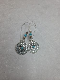Silver, Turquoise & Wooden Beads Long Hoop  Earrings