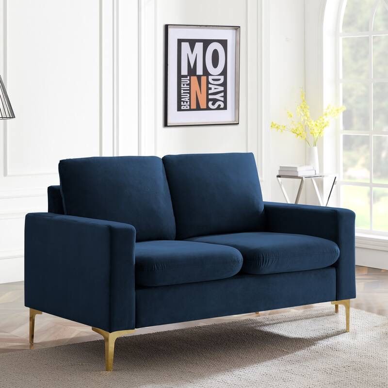 Velvet Loveseat with Gold Metal Legs & Square Armrest Small Couch Sofa for Limited Space, Modern 2- Seat Sofa for Apartment (Blue)