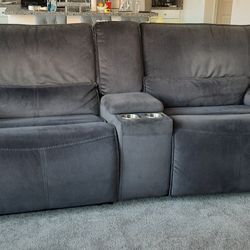 DARK GREY VELVETY DUAL OVERSIZED RECLINER COUCH. ALMOST NEW!
