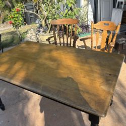 Hard Wood Top Table  W/ 2 Hard Chairs. ( Non Matching)