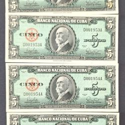 4 Billetes 1960-UNC-Banco Nacional De Cuba 1960-serie Consecutiva