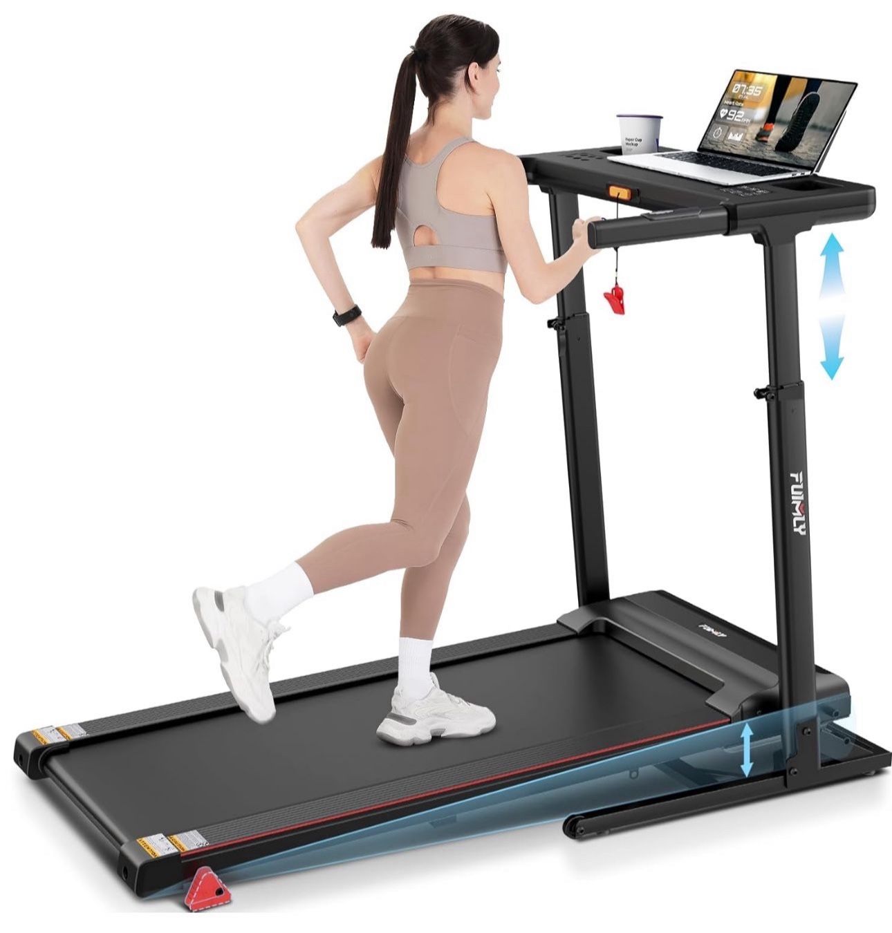 Treadmill with Desk Workstation & Adjustable Height, 300 LBS Weight Capacity, Folding Treadmill with 3 Level Incline, Bluetooth Speaker & App, Portabl