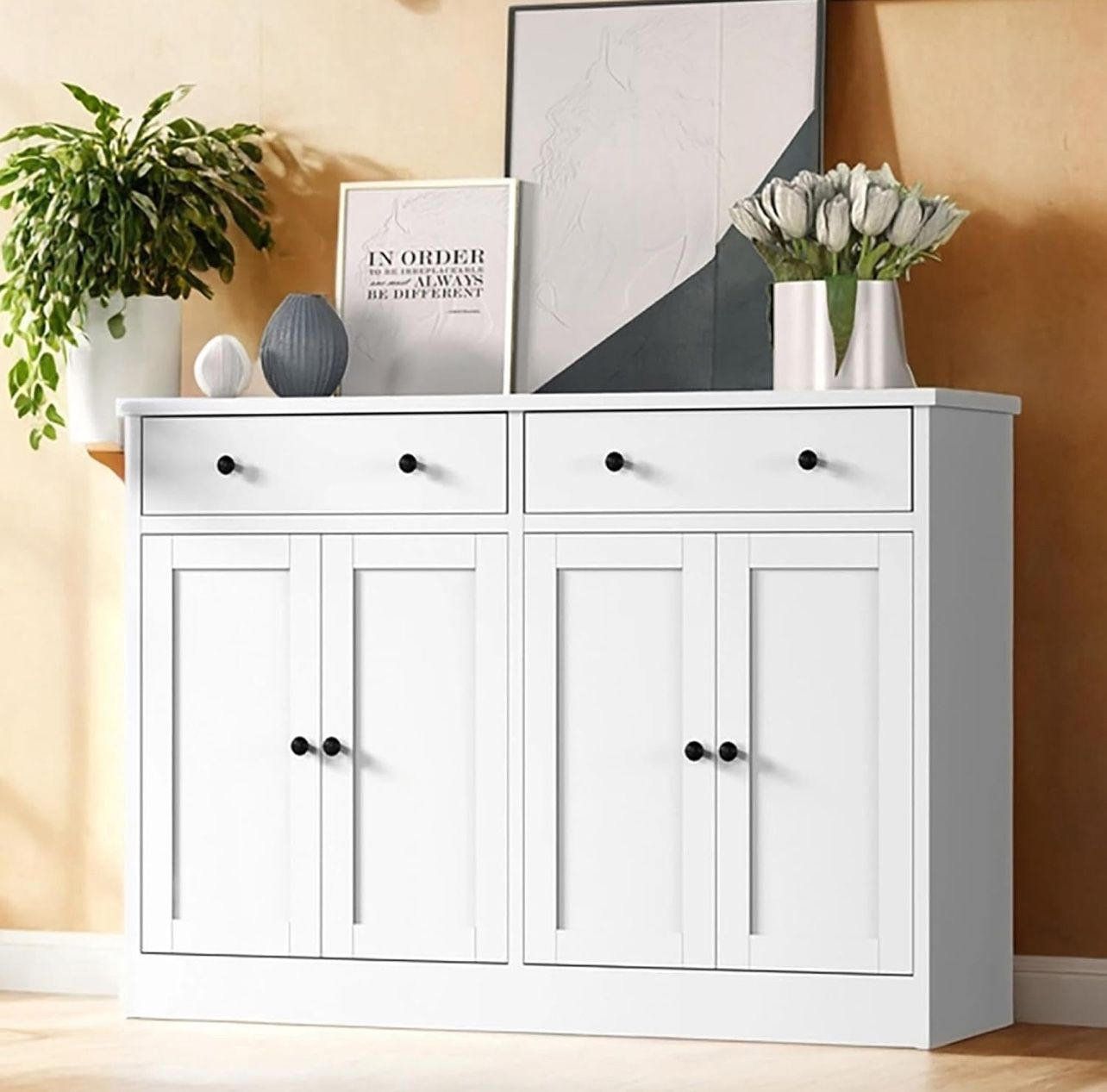 49" White Buffet Cabinet with Doors & Drawers, Modern Kitchen Storage Sideboard, Coffee Bar Console for Dining Room, Living Room, Entryway