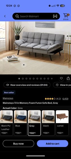 72 in Memory Foam Futon Sofa Bed, Gray - Must Go