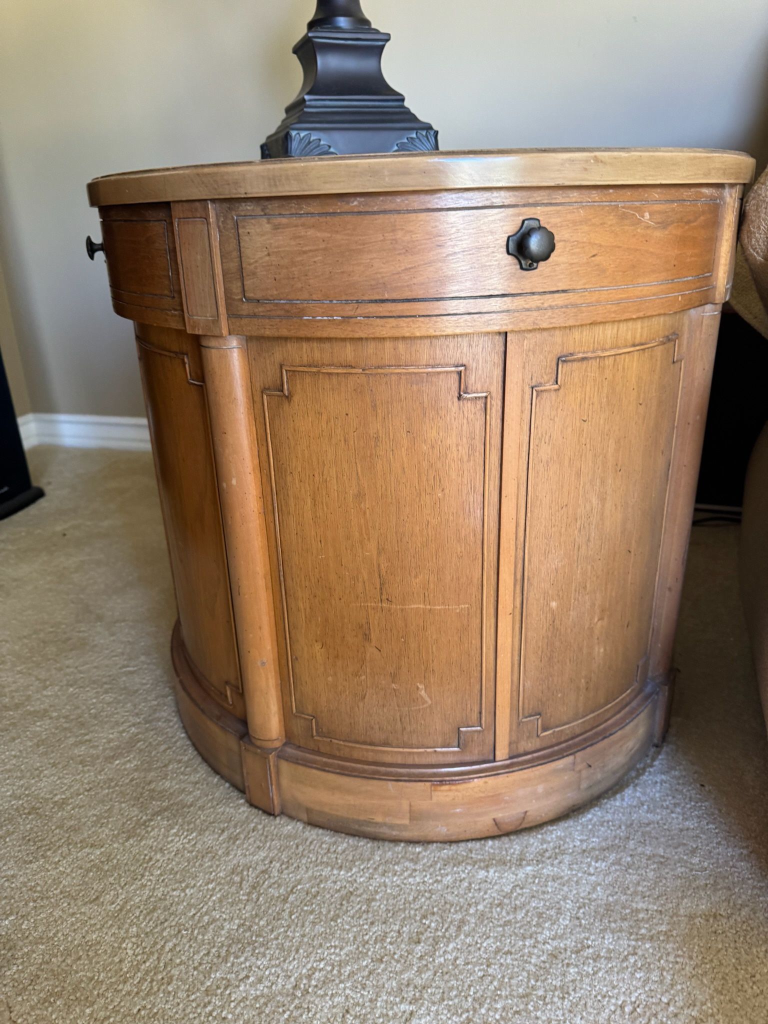 Vintage Wood Round Drum End Table with Cabinet