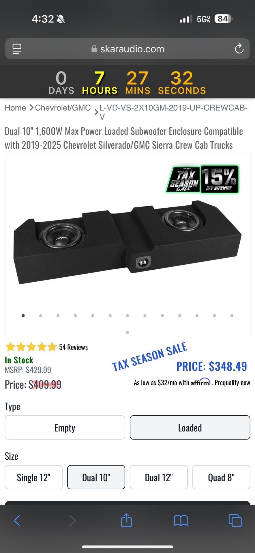 Dual 10" 1,600W Max Power Loaded Subwoofer Enclosure Compatible with 2019-2025 Chevrolet Silverado/GMC Sierra Crew Cab Trucks