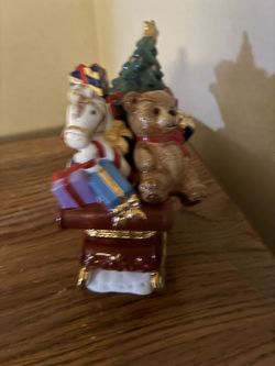 Vintage Christmas Traditions Porcelain Hinged Sleigh Trinket Box