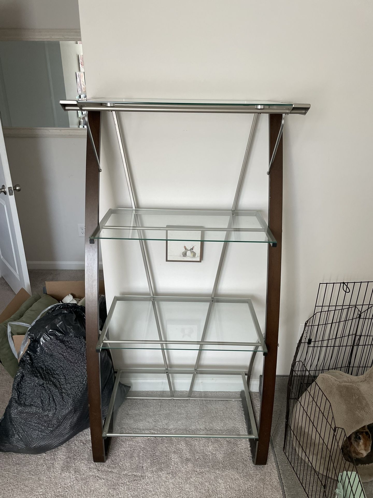 Glass Shelving Unit With Wood Frame