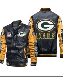 Mens Green Bay Packers Leather Jacket, Sticker Patch