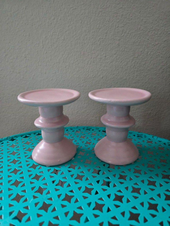 Pair Of Pink Pillar Candle Holders 