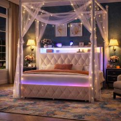 Full Bed Upholstered LED Canopy Bed Frame with Charging Station and Drawer, Button Tufted Crown Headboard with Storage Shelf, Two-Purpose Removable F