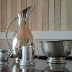 Pewter Pitcher, Bowl and Small Cups