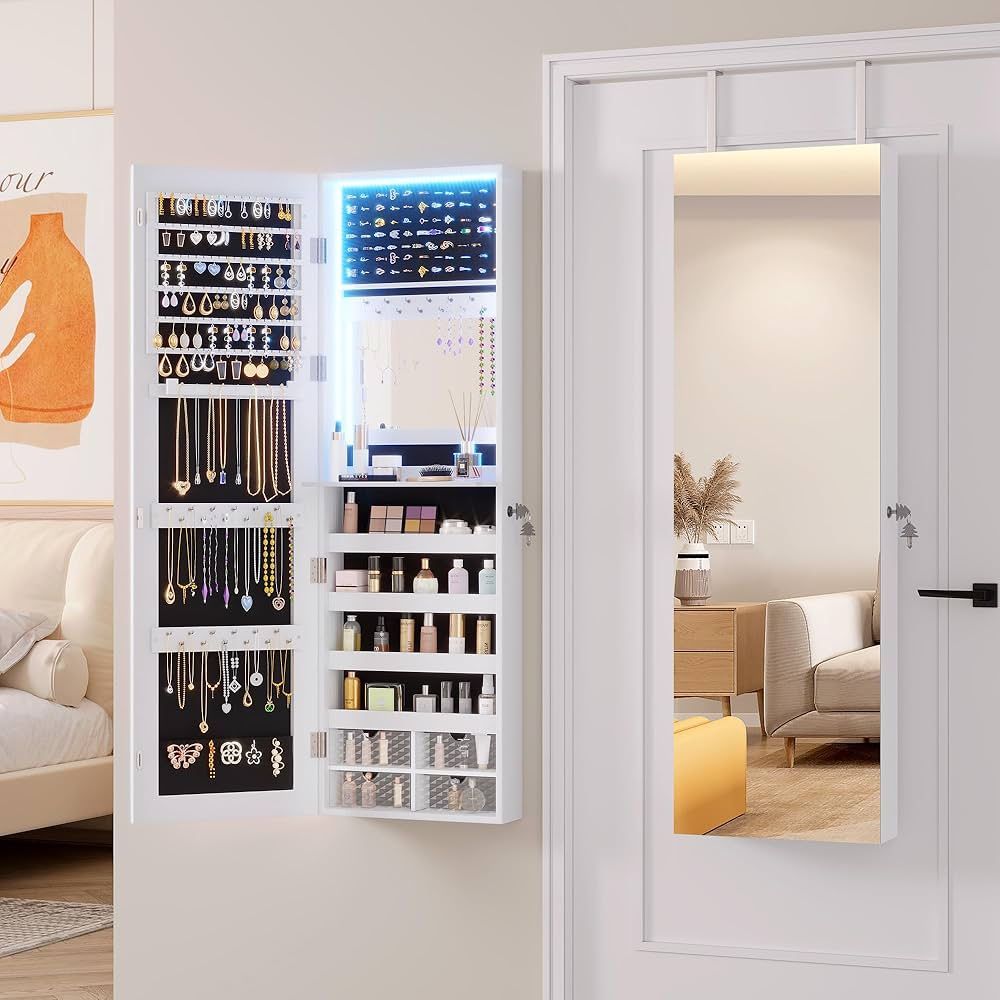LED Jewelry Mirror Cabinet, Wall/Door Mounted Jewelry Armoire Organizer with Full Length Mirror, Large Storage Hanging Cabinet, 4 Drawers, 5 Shelves