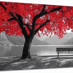 Red Tree Lake Scene Canvas Wall Art Size: 20L" x 40W"