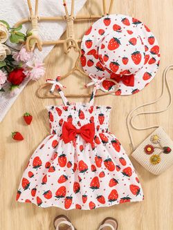 Babygirl Strawberry Summer Dress with Matching Hat Size 9-12 Months