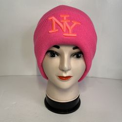 Embroidered NY Men Women Winter Knit Fur lined Beanie Hat - Fuchsia 