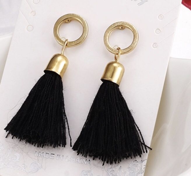 BLACK GRAY RED w/ GOLD BOHO FRINGE TASSEL DANGLE EARRINGS