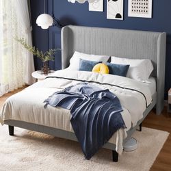 Allewie Queen Size Platform Bed with Corduroy Wingback Headboard Light Grey