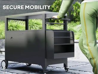 Black Outdoor Grill Cart Table with Foldable Side Table, Stainless Steel Tabletop with Storage Rack, Hooks on Wheels