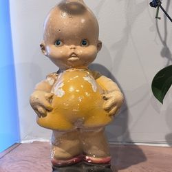 VTG Antique Kewpie Doll Baby Angel Chalkware 12” Yellow Statue Carnival Prize
